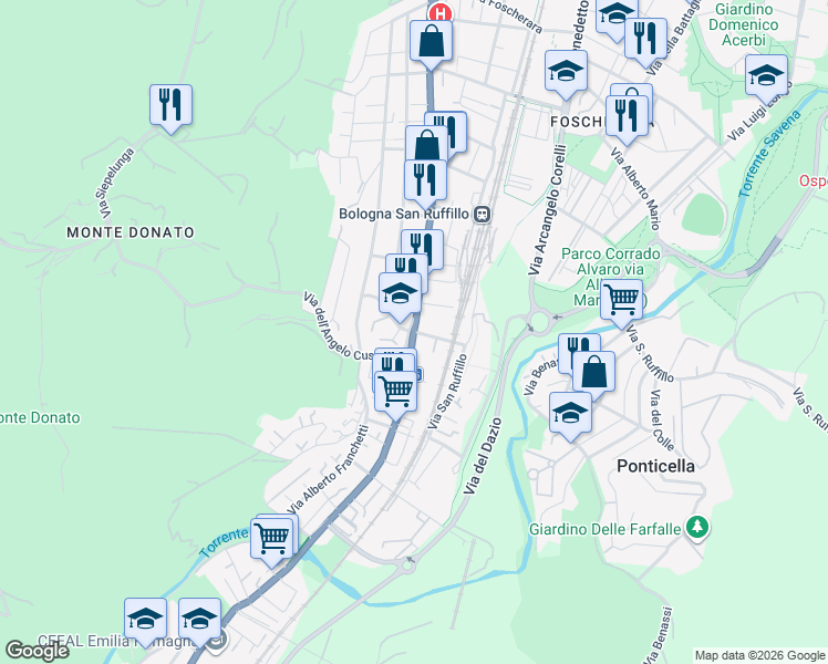 map of restaurants, bars, coffee shops, grocery stores, and more near 2 Via dell'Angelo Custode in Bologna