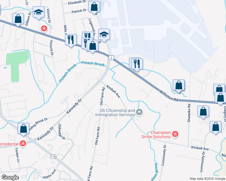 map of restaurants, bars, coffee shops, grocery stores, and more near 20 Kimball Avenue in South Burlington