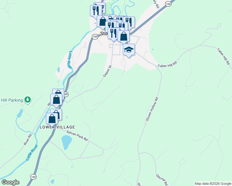 map of restaurants, bars, coffee shops, grocery stores, and more near 546 Thomas Lane in Stowe