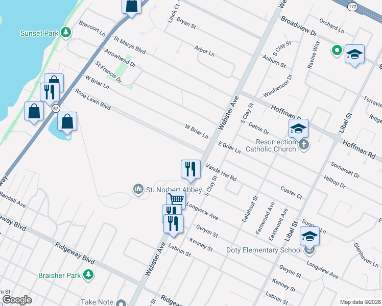 map of restaurants, bars, coffee shops, grocery stores, and more near 181 Rose Lawn Boulevard in Green Bay