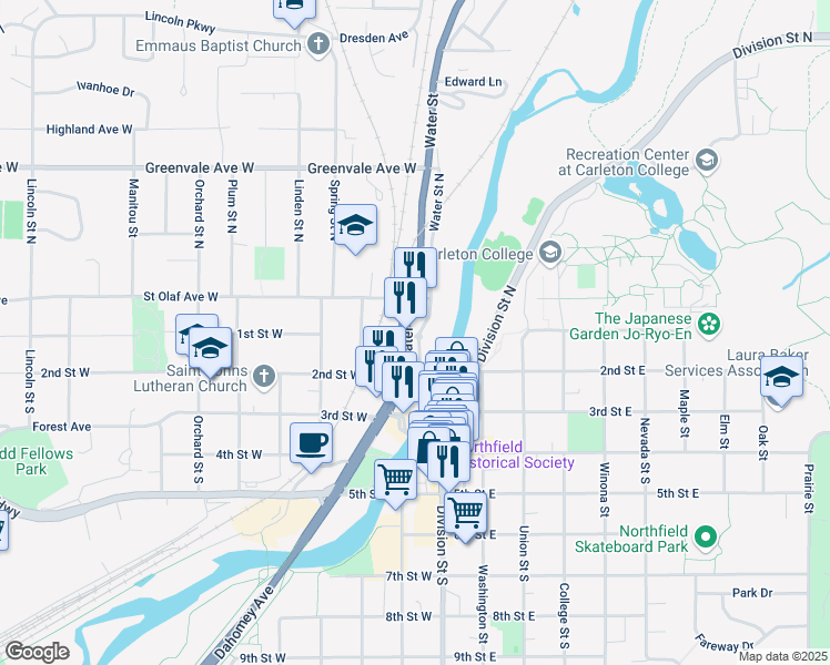 map of restaurants, bars, coffee shops, grocery stores, and more near 101 Saint Olaf Avenue in Northfield