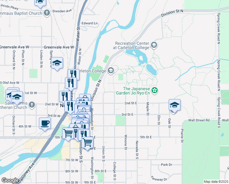 map of restaurants, bars, coffee shops, grocery stores, and more near College Street in Northfield