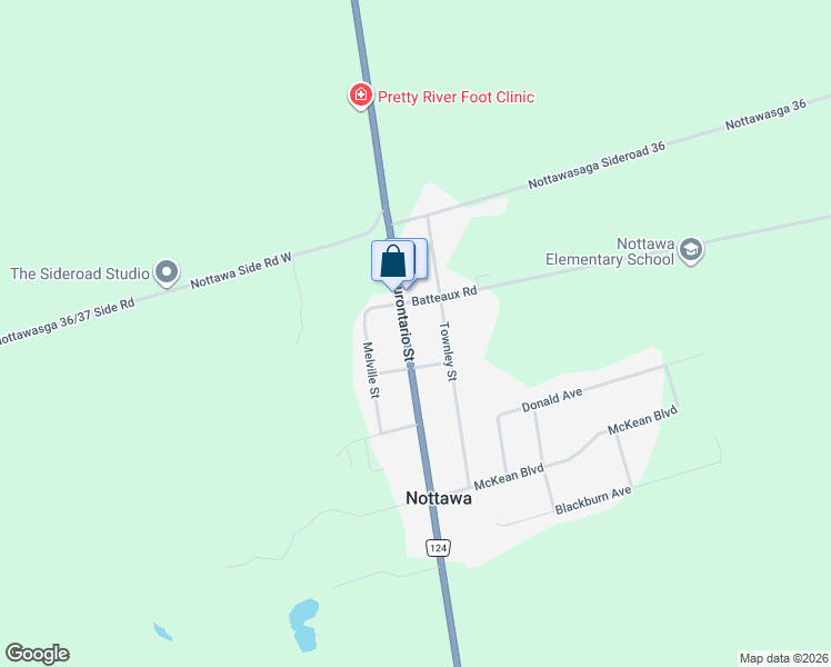 map of restaurants, bars, coffee shops, grocery stores, and more near 4185 Simcoe County Road 124 in Nottawa