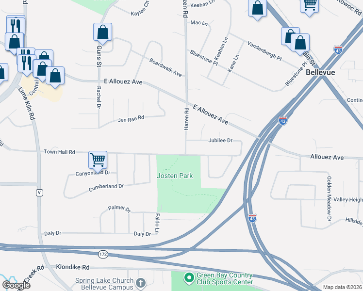 map of restaurants, bars, coffee shops, grocery stores, and more near 2250 Hazen Road in Green Bay