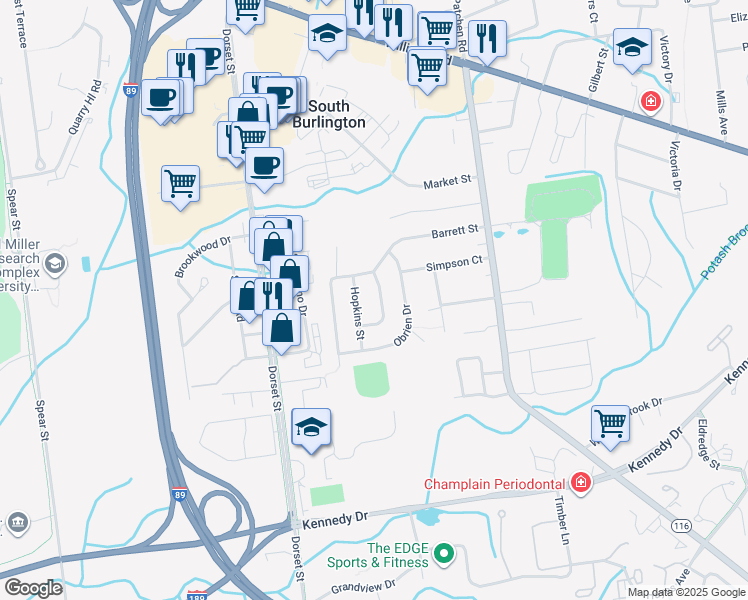 map of restaurants, bars, coffee shops, grocery stores, and more near 5 Slocum Street in South Burlington