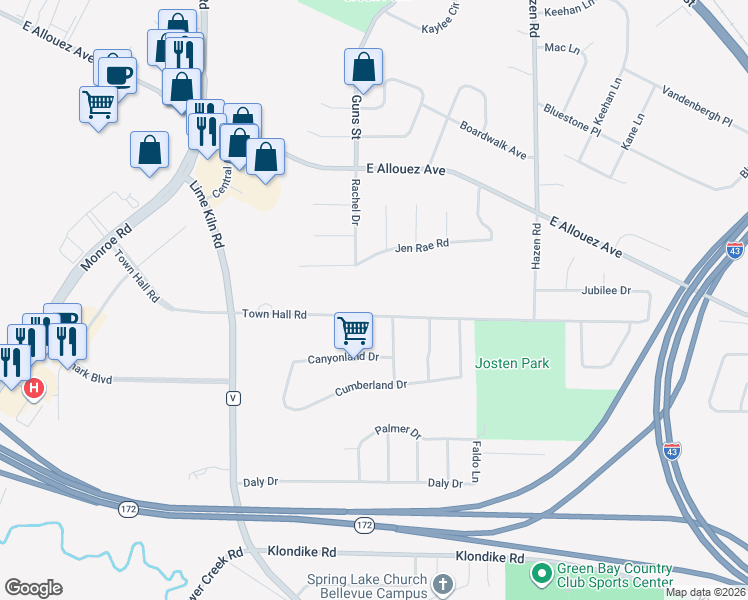 map of restaurants, bars, coffee shops, grocery stores, and more near 2163 Town Hall Road in Green Bay