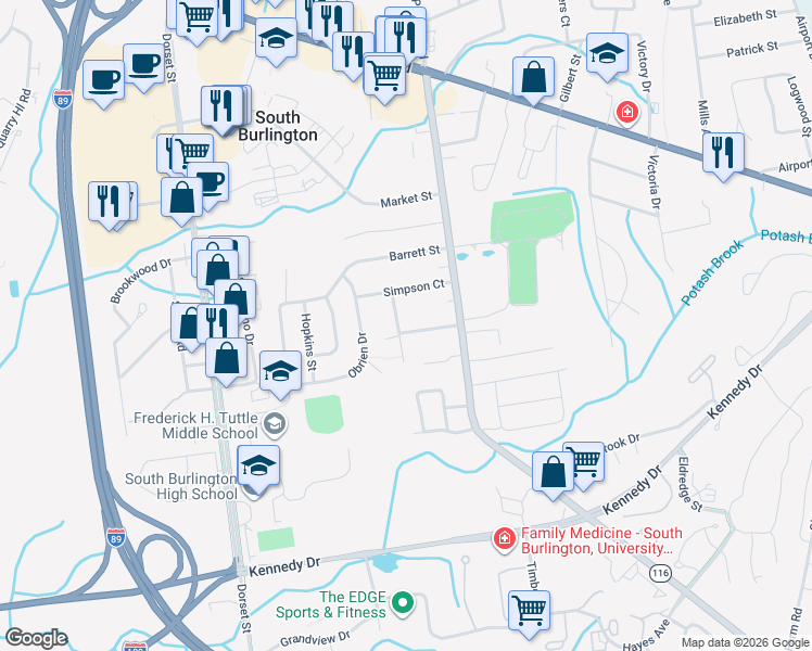 map of restaurants, bars, coffee shops, grocery stores, and more near 34 Sunset Avenue in South Burlington