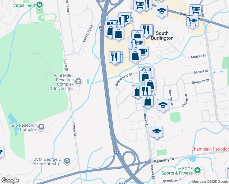 map of restaurants, bars, coffee shops, grocery stores, and more near 32 Brookwood Drive in South Burlington