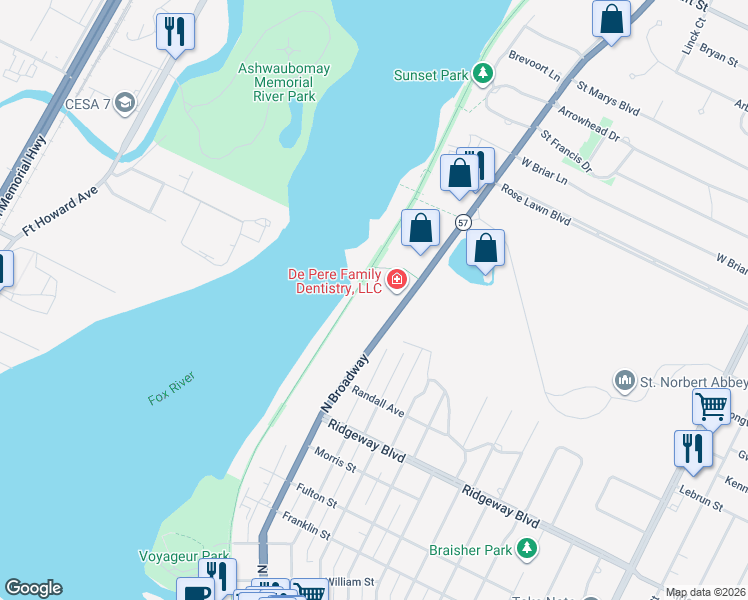 map of restaurants, bars, coffee shops, grocery stores, and more near 985 North Broadway in De Pere