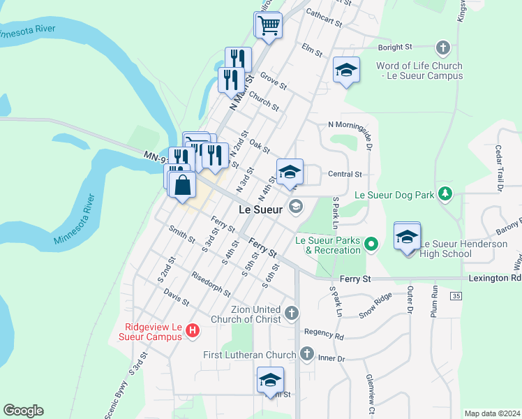 map of restaurants, bars, coffee shops, grocery stores, and more near in Le Sueur
