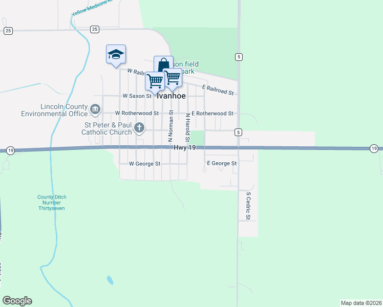 map of restaurants, bars, coffee shops, grocery stores, and more near 108 South Harold Street in Ivanhoe
