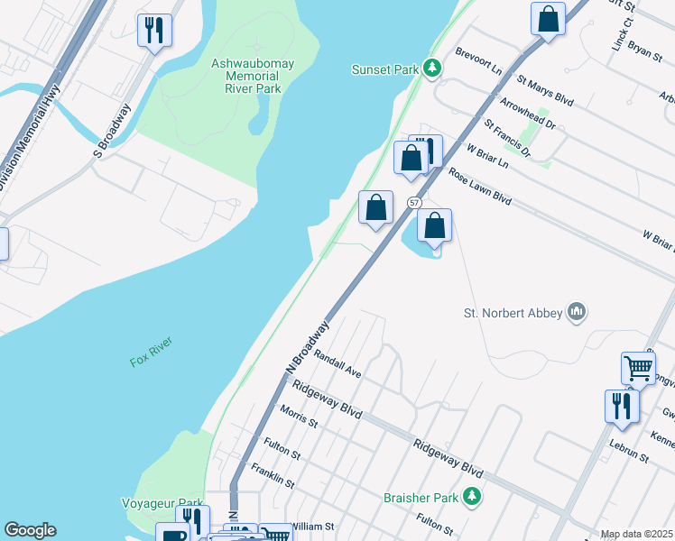 map of restaurants, bars, coffee shops, grocery stores, and more near Fox River Trail (Green Bay to Greenleaf) in De Pere