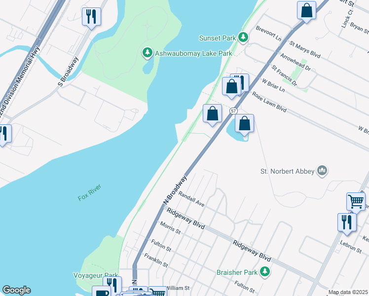 map of restaurants, bars, coffee shops, grocery stores, and more near Fox River Trail (Green Bay to Greenleaf) in De Pere