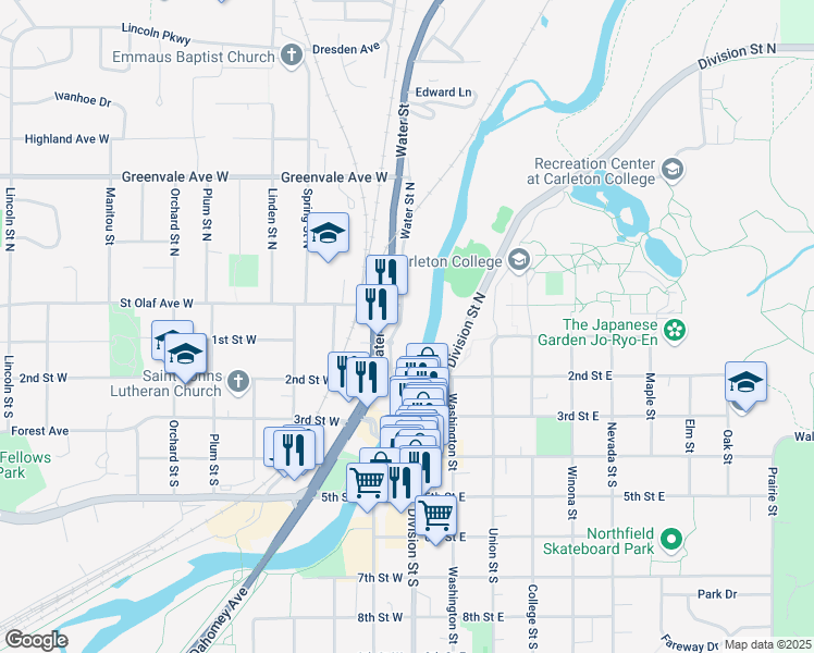 map of restaurants, bars, coffee shops, grocery stores, and more near 101 Saint Olaf Avenue in Northfield