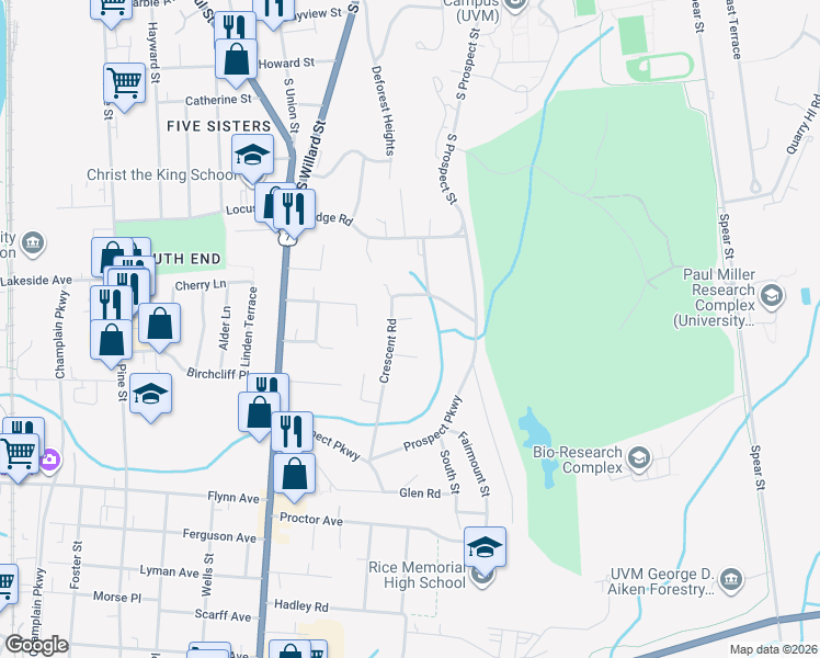 map of restaurants, bars, coffee shops, grocery stores, and more near 15 Mount View Court in Burlington
