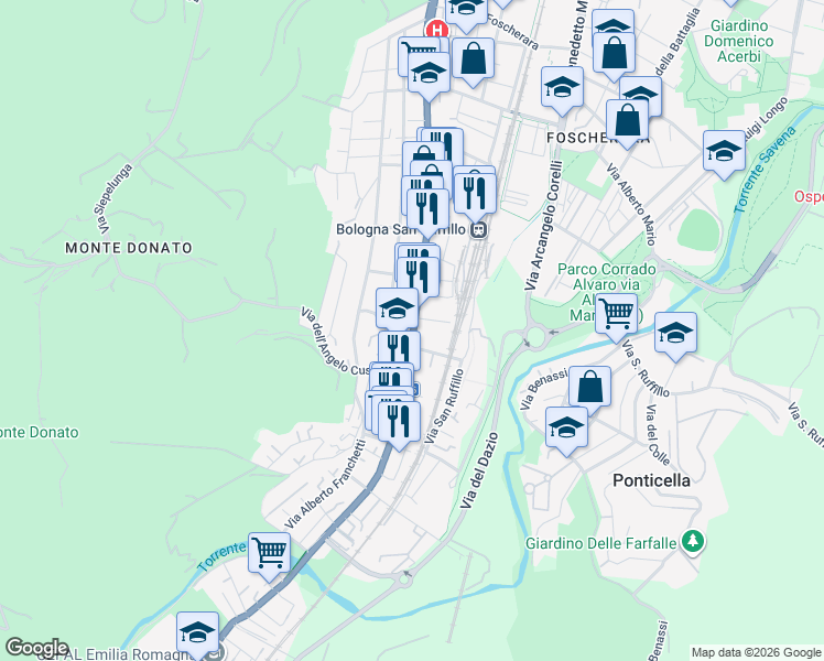 map of restaurants, bars, coffee shops, grocery stores, and more near 2 Via dell'Angelo Custode in Bologna