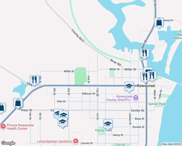 map of restaurants, bars, coffee shops, grocery stores, and more near 320 2nd St in Kewaunee