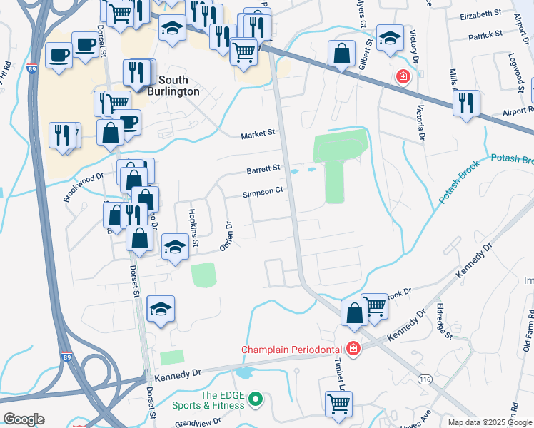 map of restaurants, bars, coffee shops, grocery stores, and more near 34 Sunset Avenue in South Burlington