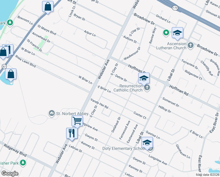 map of restaurants, bars, coffee shops, grocery stores, and more near 147 East Briar Lane in Green Bay