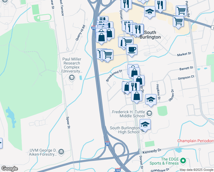 map of restaurants, bars, coffee shops, grocery stores, and more near 32 Brookwood Drive in South Burlington