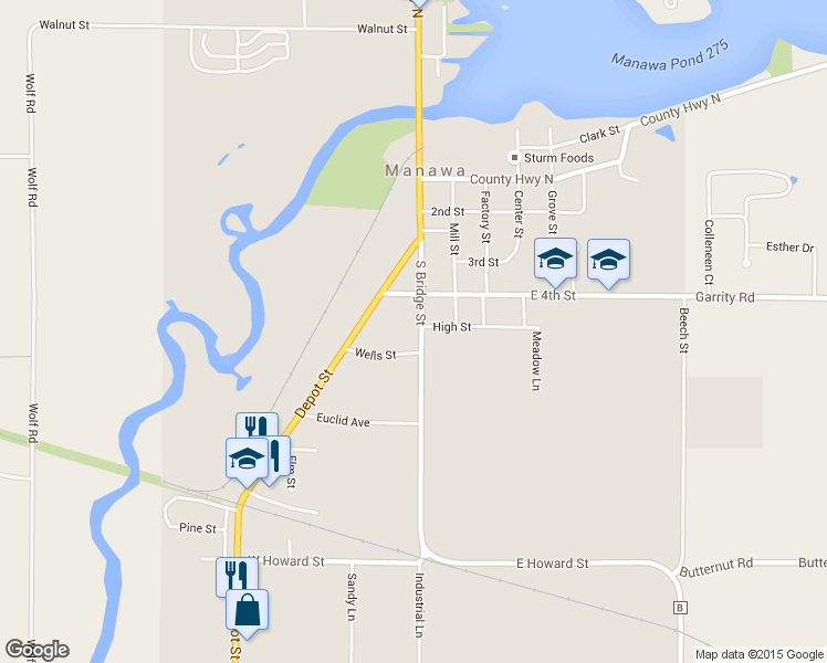 map of restaurants, bars, coffee shops, grocery stores, and more near 705 South Bridge Street in Manawa
