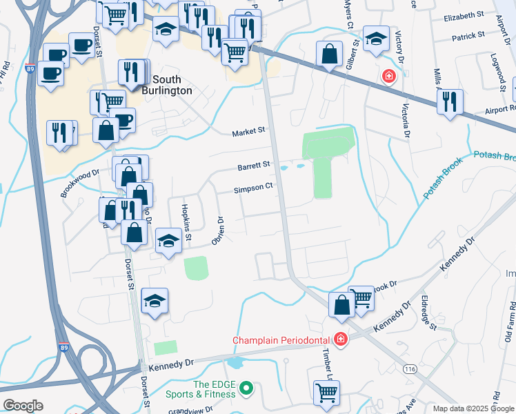 map of restaurants, bars, coffee shops, grocery stores, and more near 34 Sunset Avenue in South Burlington