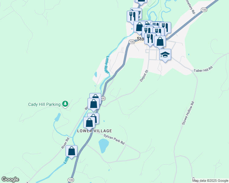 map of restaurants, bars, coffee shops, grocery stores, and more near 123 Thomas Lane in Stowe