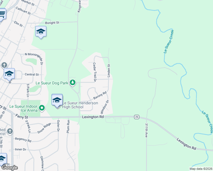 map of restaurants, bars, coffee shops, grocery stores, and more near 151 Barony Road in Le Sueur