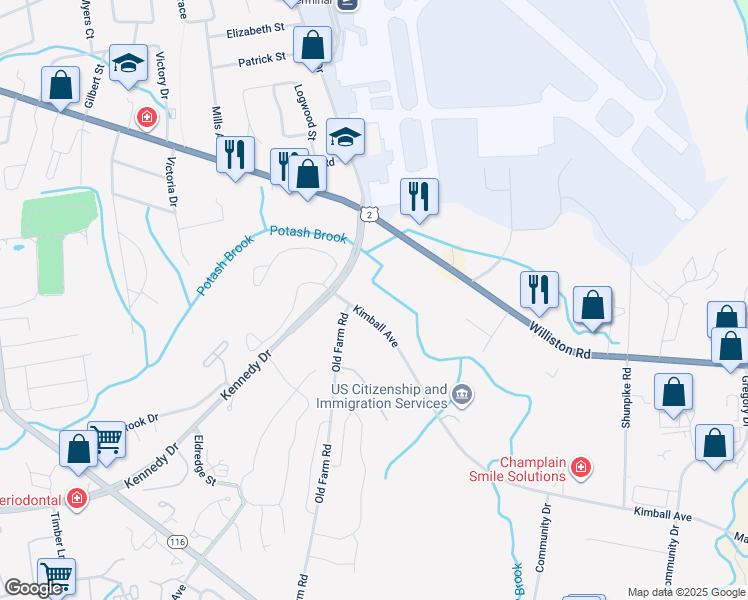 map of restaurants, bars, coffee shops, grocery stores, and more near 20 Kimball Avenue in South Burlington