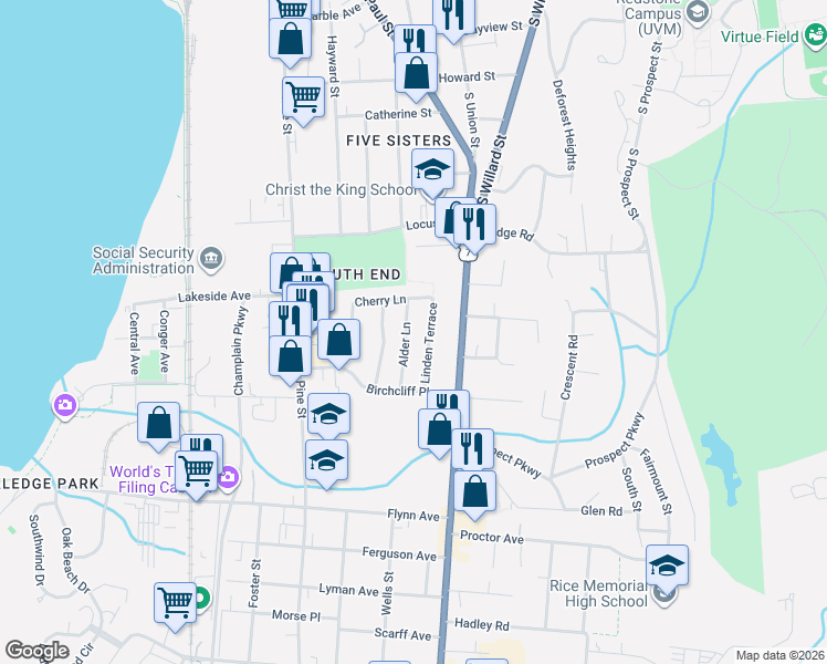 map of restaurants, bars, coffee shops, grocery stores, and more near 45 Alder Lane in Burlington