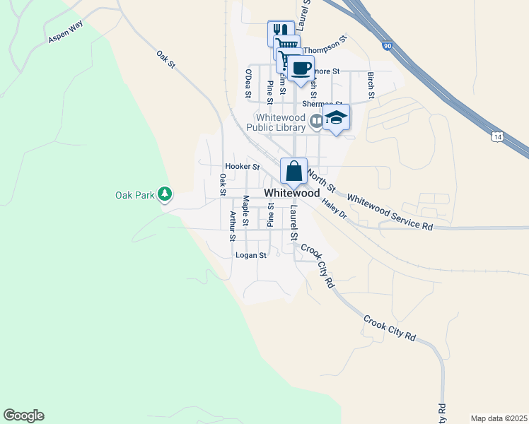 map of restaurants, bars, coffee shops, grocery stores, and more near 914 Pine Street in Whitewood