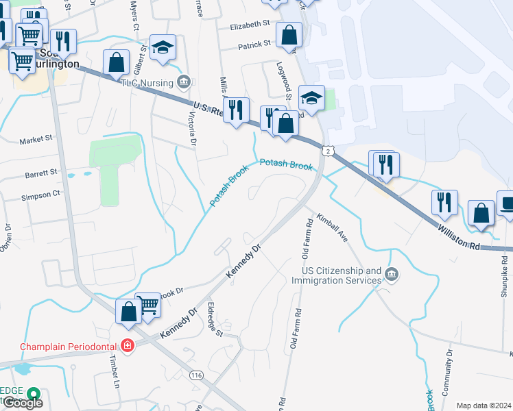 map of restaurants, bars, coffee shops, grocery stores, and more near 42 Bayberry Lane in South Burlington