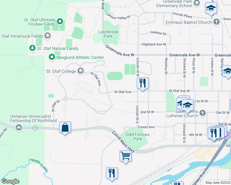 map of restaurants, bars, coffee shops, grocery stores, and more near 140 Nevada Street in Northfield