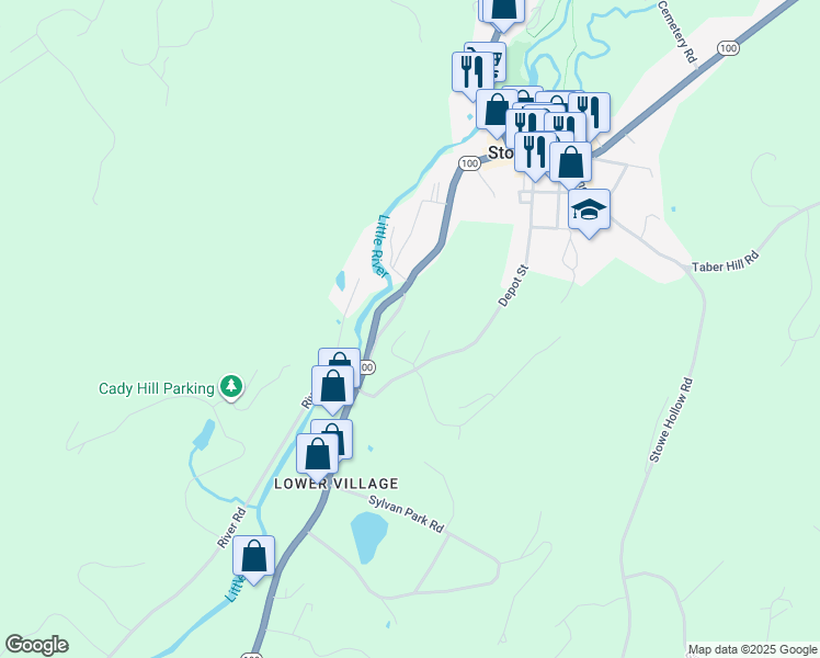 map of restaurants, bars, coffee shops, grocery stores, and more near 123 Thomas Lane in Stowe