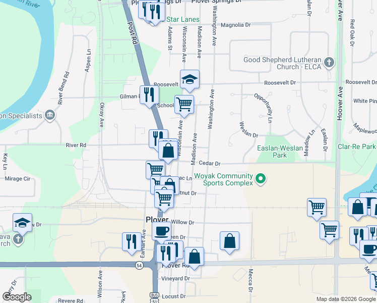map of restaurants, bars, coffee shops, grocery stores, and more near 2505 Madison Avenue in Plover