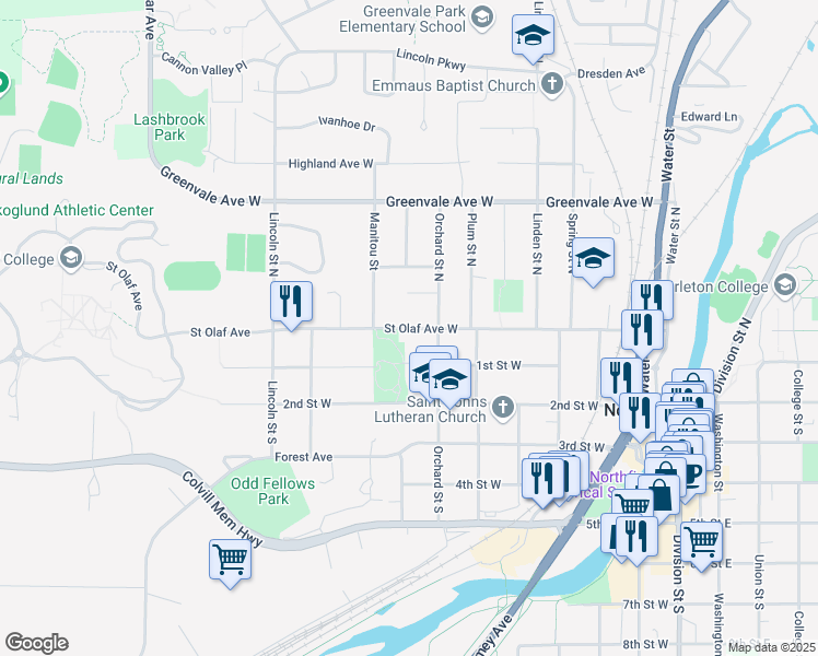 map of restaurants, bars, coffee shops, grocery stores, and more near Saint Olaf Avenue in Northfield
