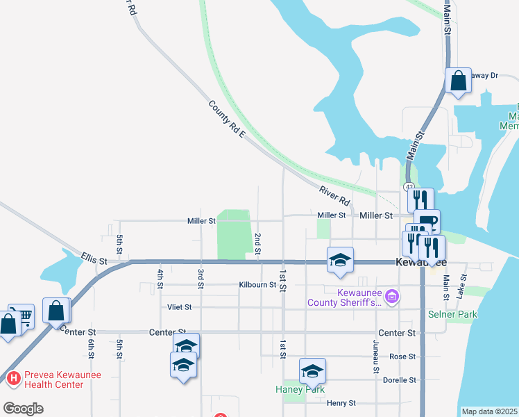 map of restaurants, bars, coffee shops, grocery stores, and more near 320 2nd Street in Kewaunee