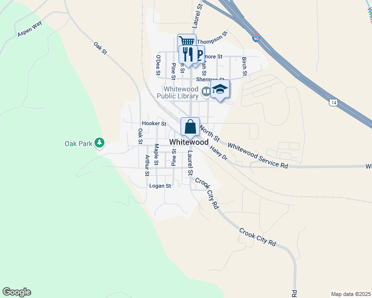 map of restaurants, bars, coffee shops, grocery stores, and more near 1005 Meade Street in Whitewood