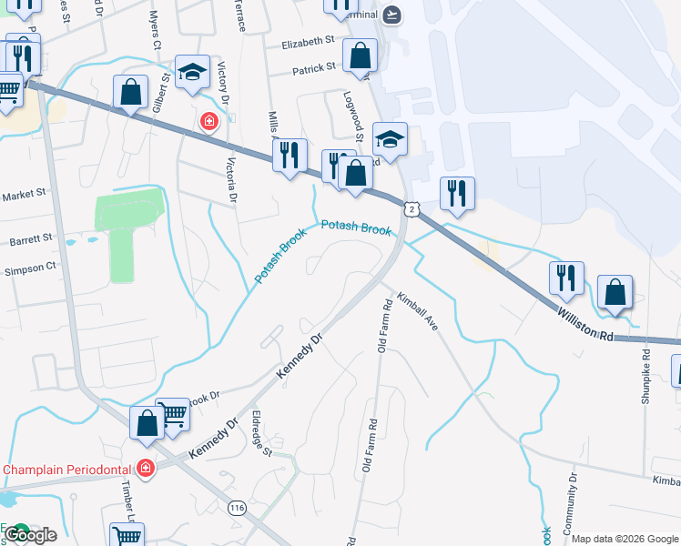 map of restaurants, bars, coffee shops, grocery stores, and more near 255 Kennedy Drive in South Burlington