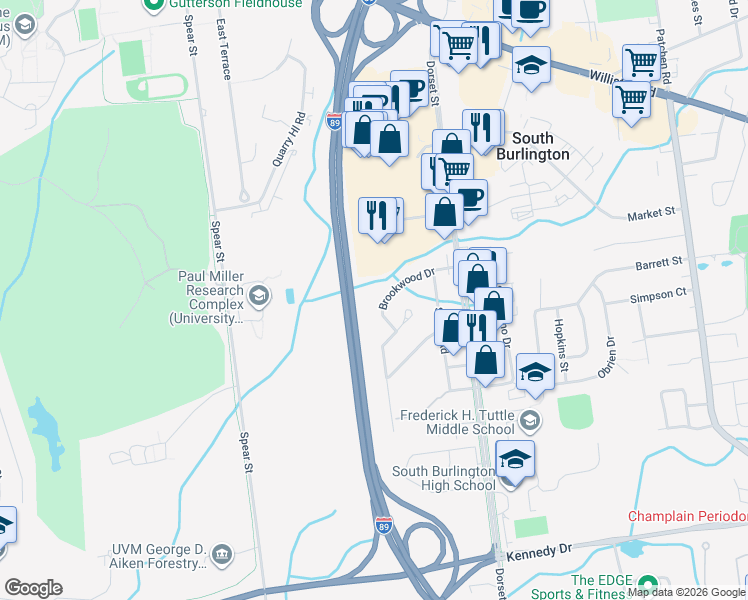 map of restaurants, bars, coffee shops, grocery stores, and more near 32 Brookwood Drive in South Burlington