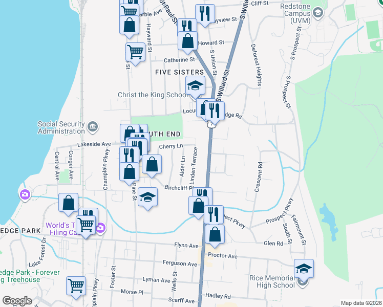 map of restaurants, bars, coffee shops, grocery stores, and more near 54 Linden Terrace in Burlington