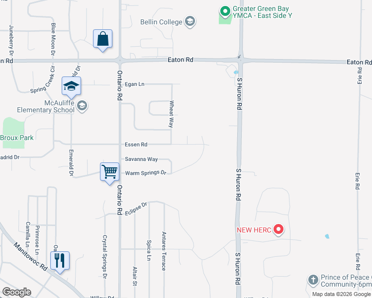 map of restaurants, bars, coffee shops, grocery stores, and more near 3195 Savanna Way in Green Bay