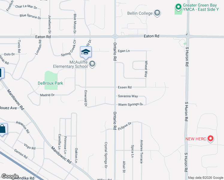 map of restaurants, bars, coffee shops, grocery stores, and more near 2240 Ontario Road in Green Bay