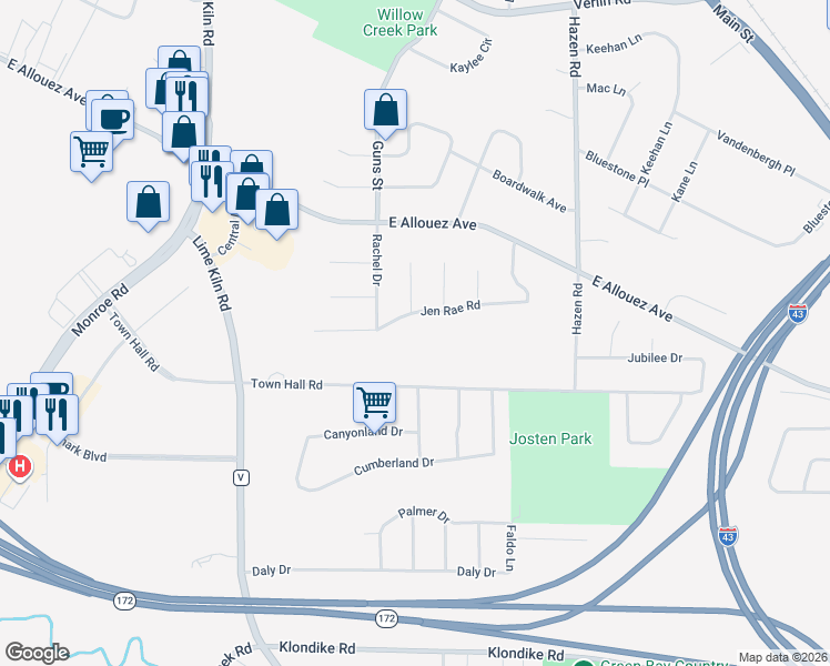 map of restaurants, bars, coffee shops, grocery stores, and more near 2163 Town Hall Road in Green Bay