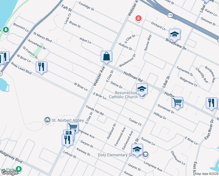 map of restaurants, bars, coffee shops, grocery stores, and more near 147 East Briar Lane in Green Bay
