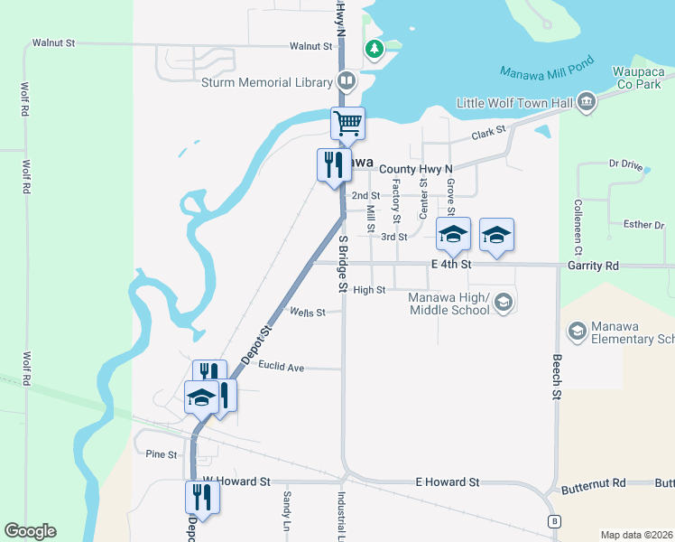 map of restaurants, bars, coffee shops, grocery stores, and more near 705 South Bridge Street in Manawa