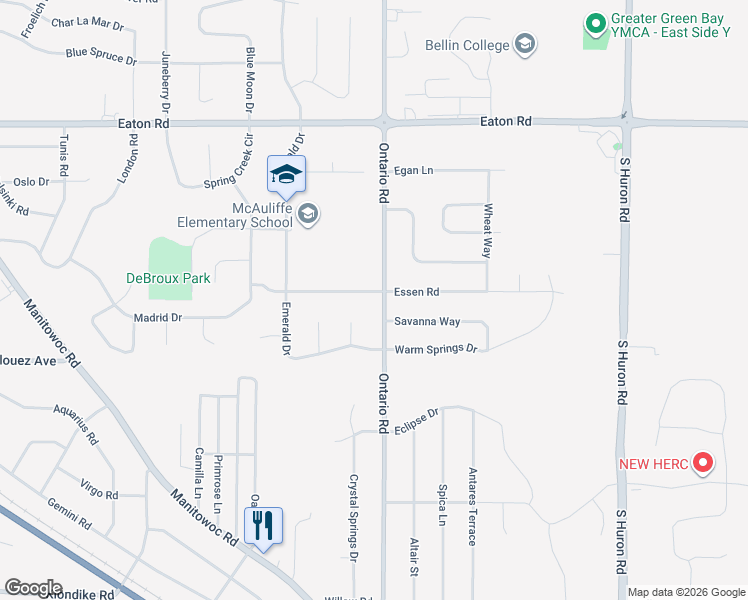 map of restaurants, bars, coffee shops, grocery stores, and more near 2240 Ontario Road in Green Bay