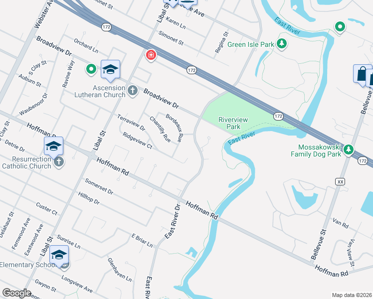 map of restaurants, bars, coffee shops, grocery stores, and more near 731 Bordeaux Rue in Green Bay