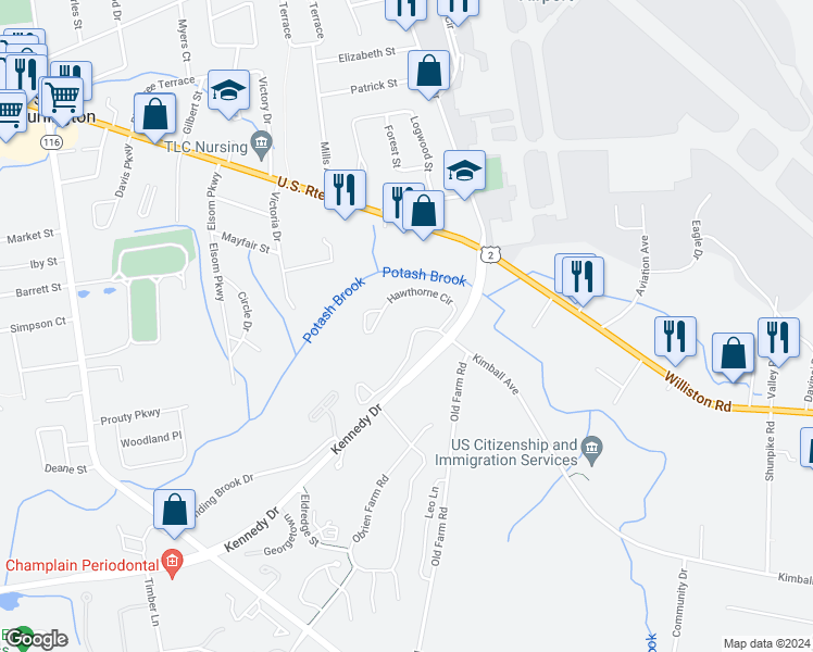 map of restaurants, bars, coffee shops, grocery stores, and more near 23 Bayberry Lane in South Burlington