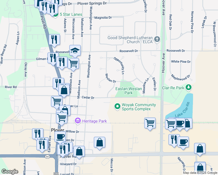 map of restaurants, bars, coffee shops, grocery stores, and more near 2321 Weslan Drive in Plover